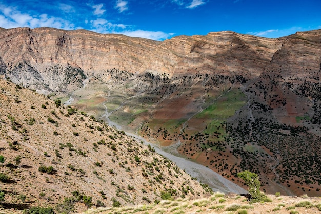 Dans les montagnes de l'Atlas au Maroc. Jeu de couleurs entre roche et végétation dans une vallée aride.