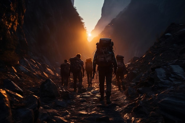 Dans la nature Un groupe de randonneurs suit leur guide de montagne