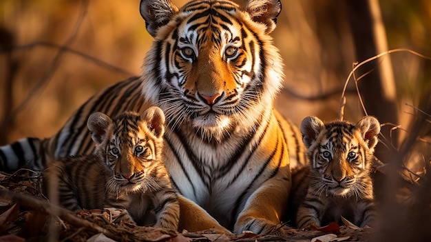 Dans la nature des petits tigres et de leur famille dans l'habitat forestier