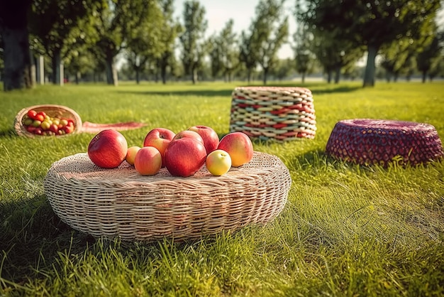 Dans le panier de fruits sur l'herbe du jardin, des fruits frais sont placés dans le panier