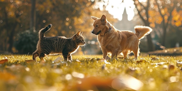 Photo dans le parc, un chien et un chat jouent à generative ai