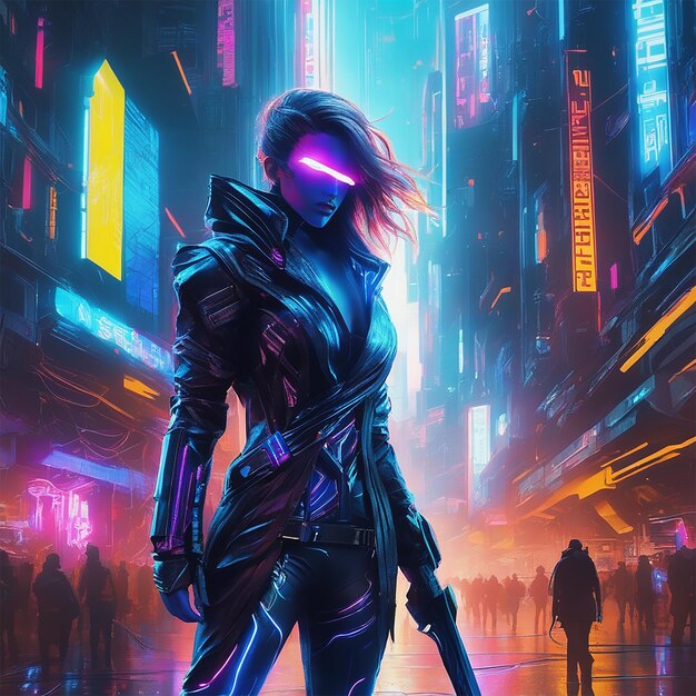 Dans un paysage urbain cyberpunk baigné de néons, imaginez une femme voyou transformée en une forme humanoïde métallique.