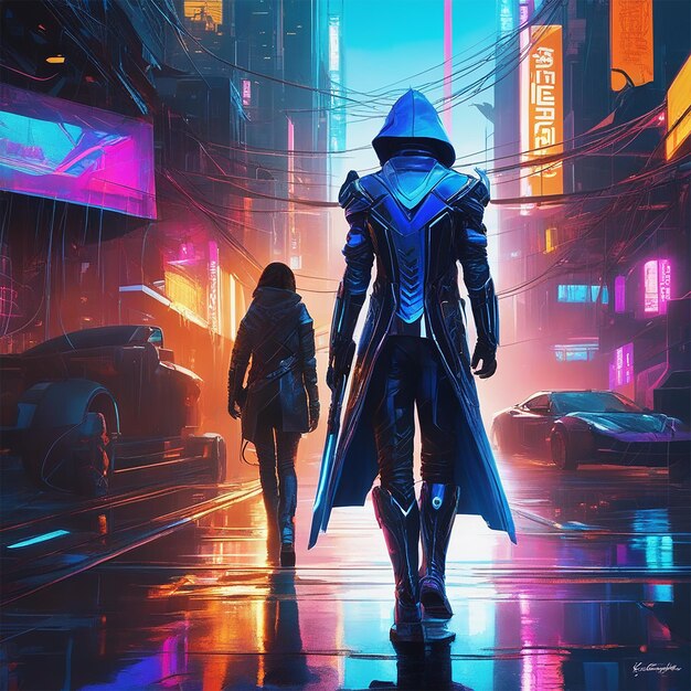 Dans un paysage urbain cyberpunk baigné de néons, imaginez une femme voyou transformée en une forme humanoïde métallique.