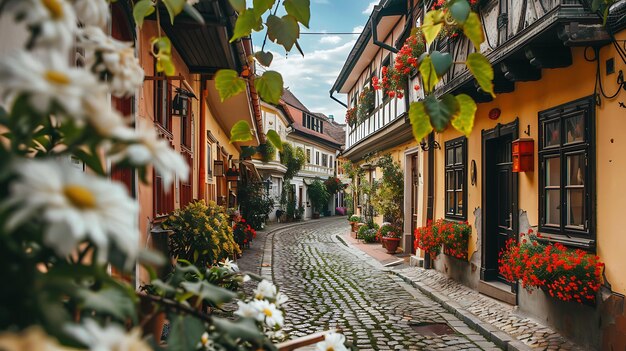 Photo dans une petite ville européenne, une étroite rue pavée est bordée de maisons en bois.