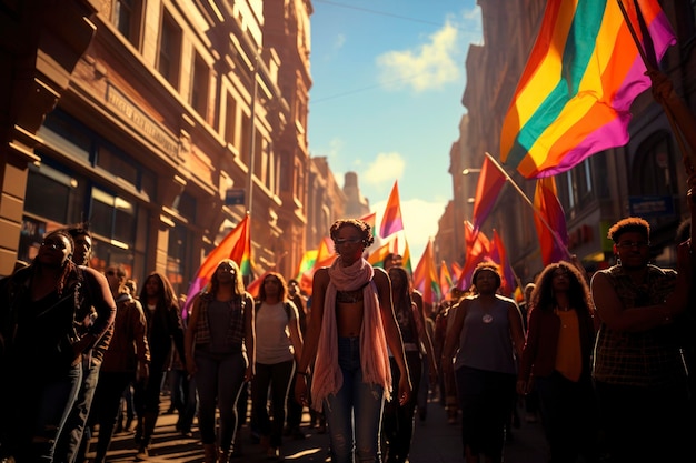 Dans cette photo vibrante et joyeuse, une foule exubérante marche dans le défilé LGBTQ animé et coloré célébrant la fierté de la diversité.