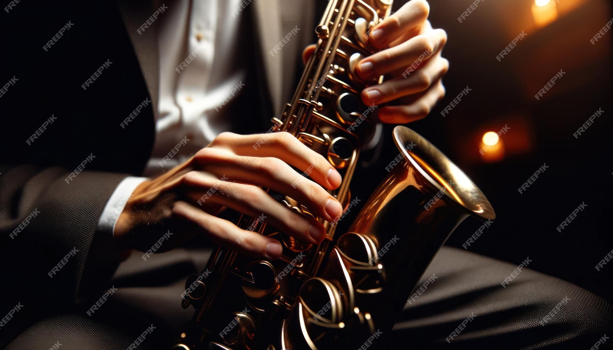 Dans Une Pièce Faiblement éclairée, Un Saxophoniste Joue Avec Des Doigts  D'émotion Intense Dansant Sur L'instrument, Créant Un Moment Musical  Fascinant.