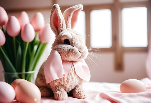 Dans une pièce avec de la lumière naturelle, un lapin brun avec un foulard rose est assis parmi les œufs de Pâques.