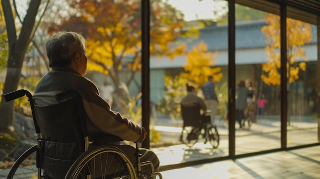 Dans une pièce moderne, une personne âgée asiatique est assise sur un fauteuil roulant et regarde par la fenêtre.