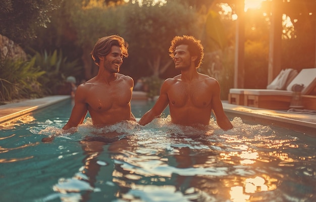 Dans la piscine du jardin, un couple d'homosexuels heureux se tiennent par la main.