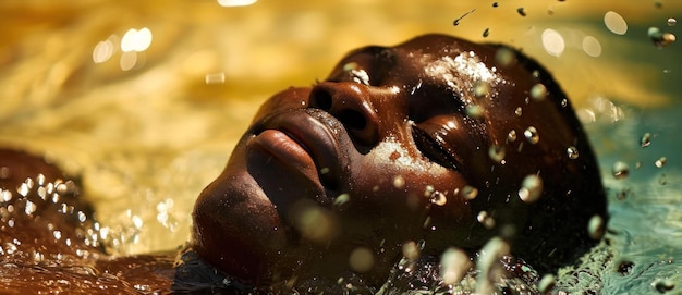 Dans une piscine d'or liquide, une personne trouve de la joie dans le simple plaisir de l'eau. Chaque éclaboussure, une note dans la symphonie de la relaxation.