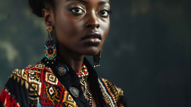 Dans ce portrait, une femme noire regarde avec confiance la caméra ornée d'un ensemble frappant qui