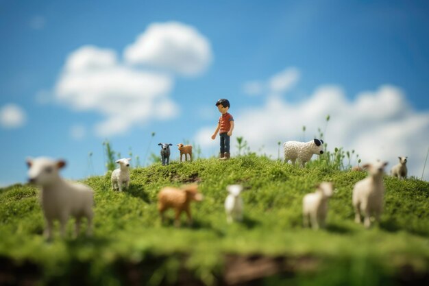 Dans le pré, le berger paît des animaux, des vaches, des moutons, un petit chien court à proximité, un magnifique monde de feutre.