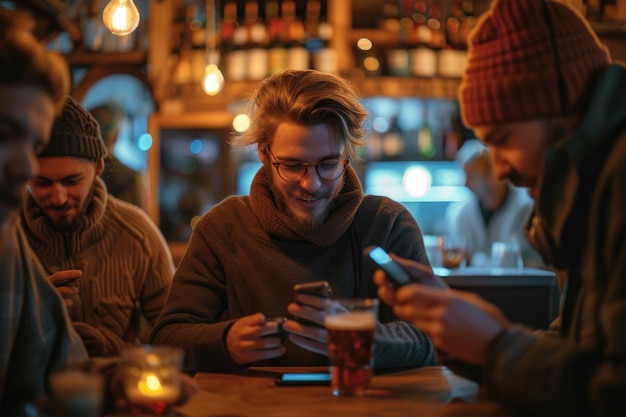 Photo dans le pub, un jeune homme et ses compagnons sont sur leurs téléphones.