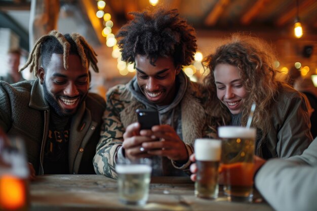 Photo dans le pub, un jeune homme et ses compagnons sont sur leurs téléphones.