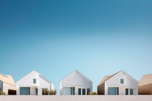 Dans un quartier résidentiel florissant, de nouvelles maisons s'élèvent sur fond de ciel bleu clair offrant un grand espace de copie AI Generated