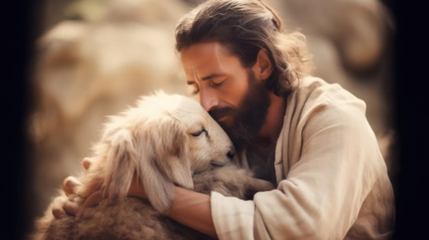 Dans une représentation calme et chaleureuse, Jésus-Christ, le berger compatissant, procure du réconfort à un seul agneau disparu, émettant réconfort et paix.