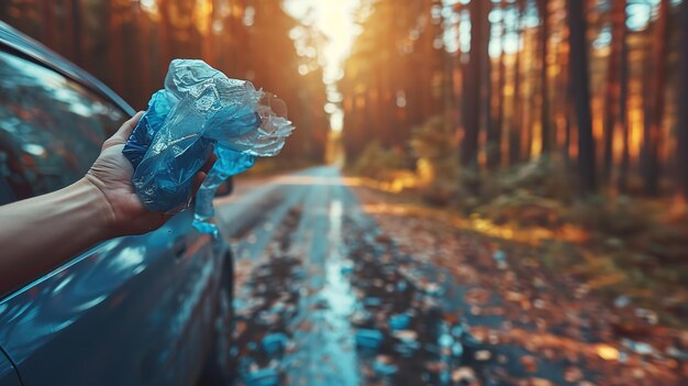 Dans une route rurale au crépuscule, une vue approfondie d'une personne en train de descendre des ordures par la fenêtre de la voiture.