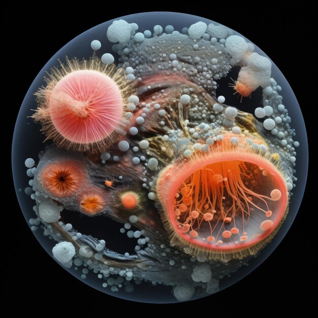 Photo dans le royaume microscopique, un microbe vibrant danse formant un surréalisme complexe, une symphonie de couleurs et de formes. il incarne la beauté invisible du monde microbien, une petite merveille qui prospère dans les coins invisibles de la vie.
