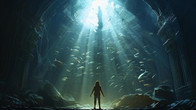 Dans le royaume sous-marin, un homme se tient au milieu de la lumière et des poissons face à un pilier de pierre.