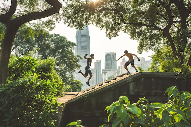 Dans une ruelle déserte, les pratiquants de parkour sautent et sautent leurs mouvements fluides et agiles contre urb