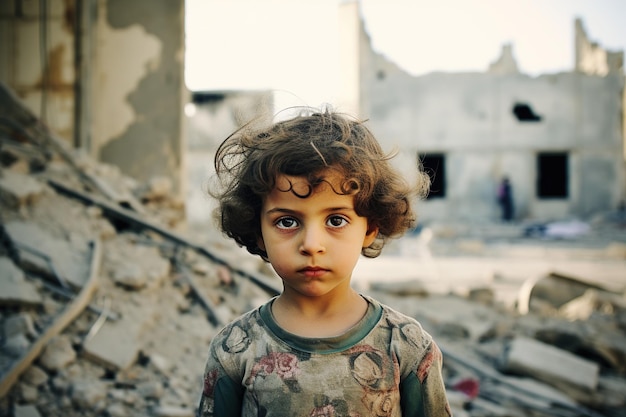 Dans les ruines d'un bâtiment détruit à cause de la guerre, un enfant regarde avec un regard obsédant