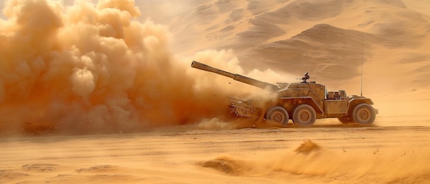 Photo dans le sable du désert, l'armée prépare un nouveau projectile d'artillerie métallique.