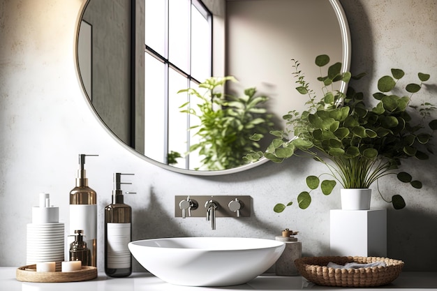 Dans une salle de bain chic, un miroir rond est situé au-dessus d'un lavabo vasque