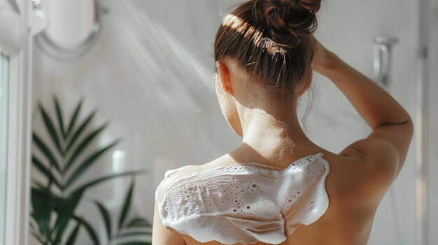 Dans la salle de bain, une femme s'applique une lotion hydratante.