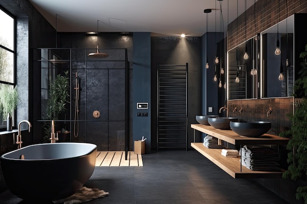 Dans une salle de bain avec des murs noirs, un sol en bois et un tapis, il y a un double lavabo et une cabine de douche une maquette