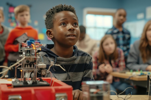 Dans une salle de classe, un jeune inventeur présente un appareil inventé qui suscite la curiosité et l'ignition.