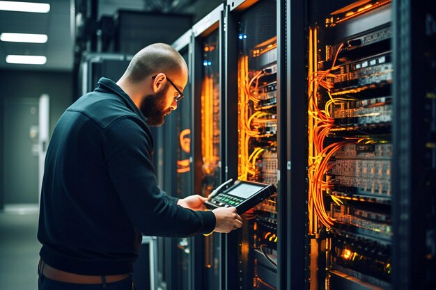 Photo dans la salle numérique du centre de données, un administrateur informatique professionnel caucasien utilise un ordinateur portable