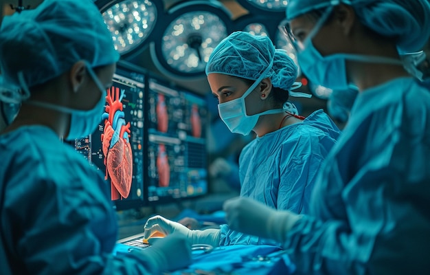 Photo dans une salle d'opération cardiaque, une équipe chirurgicale utilise des écrans holographiques pour effectuer une chirurgie cardiaque virtuelle.