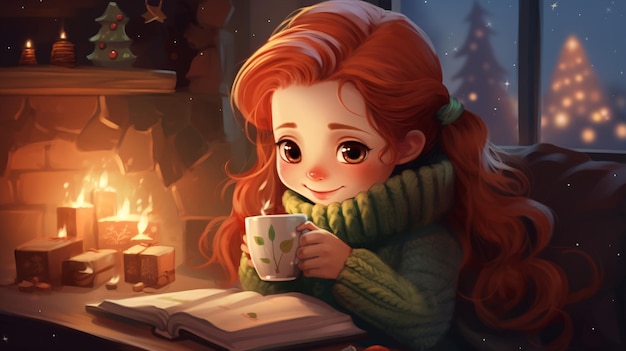 Dans un salon confortable, une adorable fille d'anime aux cheveux roux vifs et aux yeux verts est assise près de la cheminée portant un pull confortable et tenant une tasse de cacao chaud
