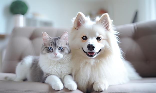 Dans un salon serein, deux adorables animaux de compagnie, un chien et un chat, profitent de la compagnie de l'autre sur un canapé spacieux éclairé par la lumière naturelle générée par l'IA.