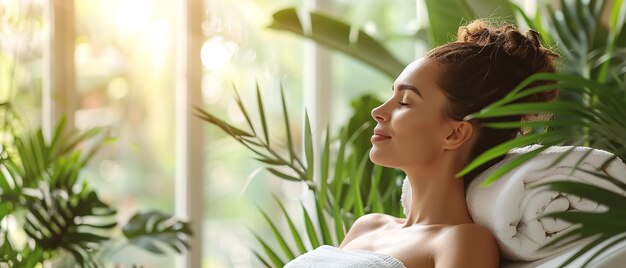 Photo dans le salon de spa entouré de flore tropicale, une dame se détend en appliquant un massage.