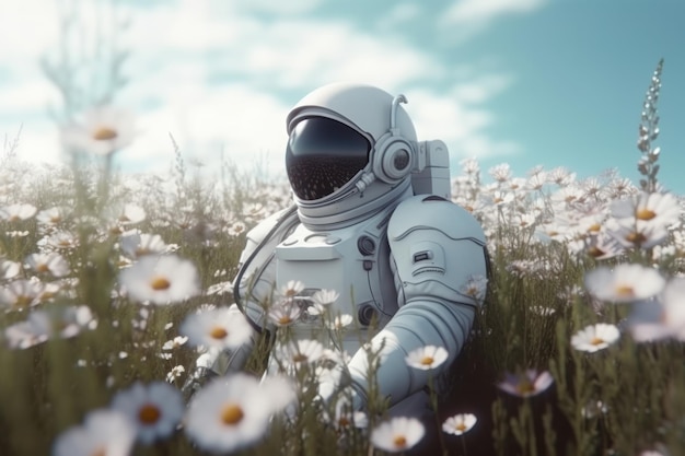 Dans cette scène surréaliste, un astronaute explore un champ de fleurs aux couleurs vives et se retrouve face à face avec un papillon d'un autre monde. L'IA est-elle générative