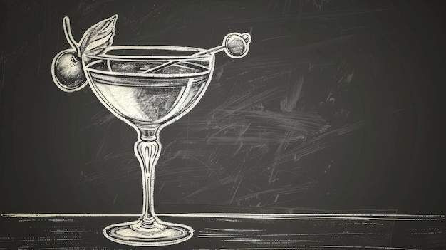 Dans une série de classiques contemporains, un daiquiri de cocktail chic est dessiné sur un tableau noir avec un dessin à la craie dans un style vintage