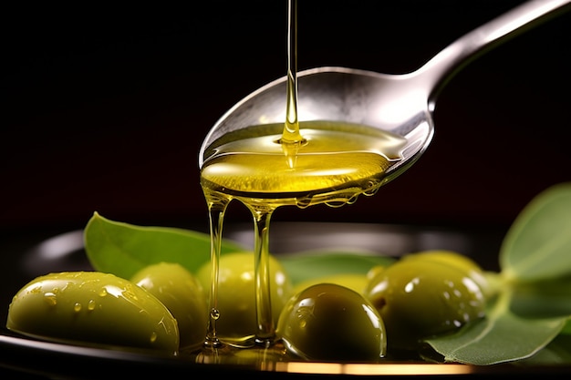 Dans ses différentes formes, l'huile d'olive est versée gracieusement dans une cuillère