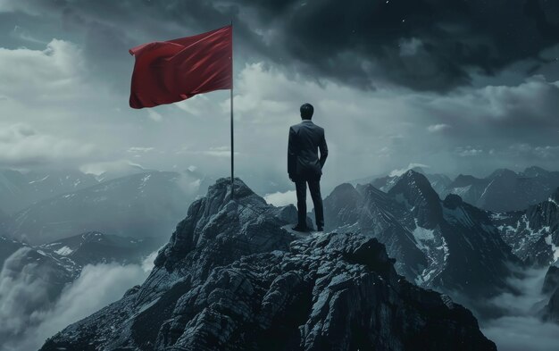 Dans la solitude des hauts sommets, un homme d'affaires déploie un drapeau rouge capturant l'essence de la réalisation personnelle et de l'ambition.