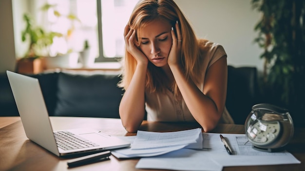 Photo dans son salon, une jeune femme stressée utilise l'ia générative pour vérifier son solde bancaire, payer ses factures et calculer ses dépenses