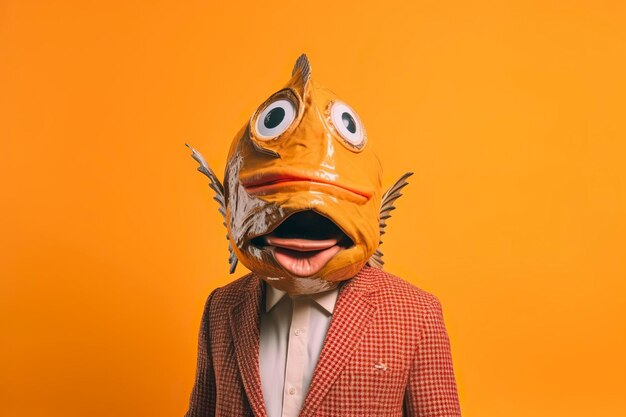 Dans un studio orange, un homme pose en toute confiance dans un costume avec un chapeau à tête de poisson unique et excentrique mettant en valeur son style de mode créatif