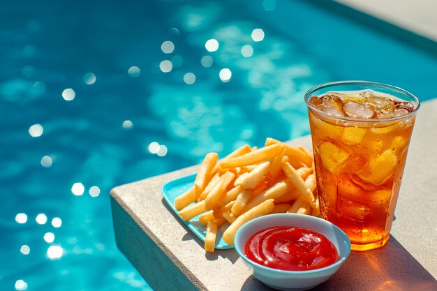 Dans un style maximaliste, une vitrine de natures mortes, des frites avec du thé au ketchup sur une table au bord de la piscine.