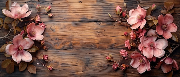 Photo dans le style rustique, le fond en bois et les cadres photo sont décorés de fleurs de magnolia roses et d'hortensias roses.