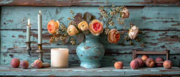 Dans le style Shabby Chic, des fleurs d'abricot, des bougies et un vieux cercueil vintage avec des roses sont exposés.