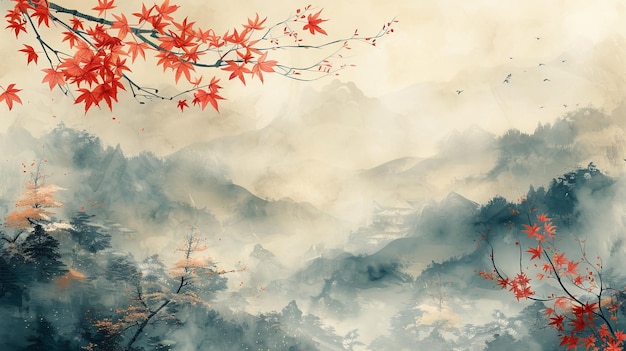 Dans un style vintage, des nuages chinois décorés d'aquarelle dorée, un paysage d'art abstrait avec des feuilles de bambou et des lignes dessinées à la main.