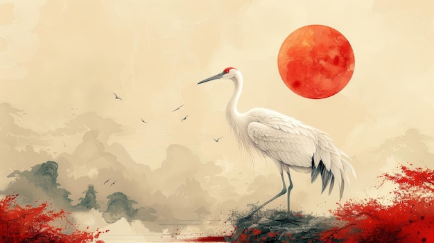 Dans un style vintage, des oiseaux de grue avec une peinture à l'aquarelle sur un fond japonais, des vagues naturelles orientales et des nuages chinois avec une conception de bannière de décoration océanique dans un style rétro