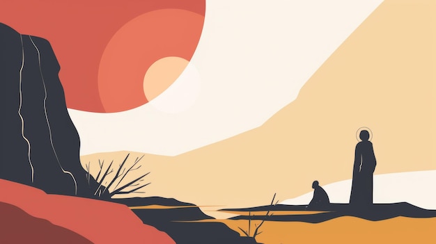 Dans le tableau, une figure solitaire se tient dans le vaste paysage désertique entouré de dunes de sable.