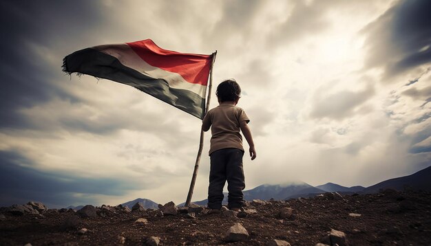 Photo dans la terre déchirée par la guerre de syrie, un jeune enfant tient fièrement le drapeau syrien.