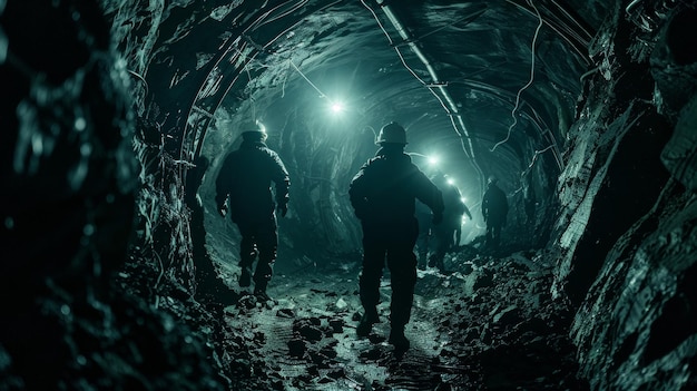 Dans un tunnel faiblement éclairé, on peut voir des silhouettes de mineurs se précipitant autour de leurs phares, créant un
