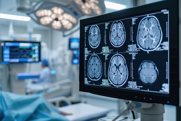 Dans l'unité de soins intensifs, un patient dans le coma subit une analyse tomographique de la génération du cerveau.